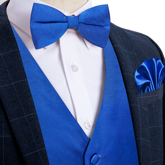 Bright Blue Solid Satin Waistcoat Vest Bowtie Handkerchief Cufflinks Set