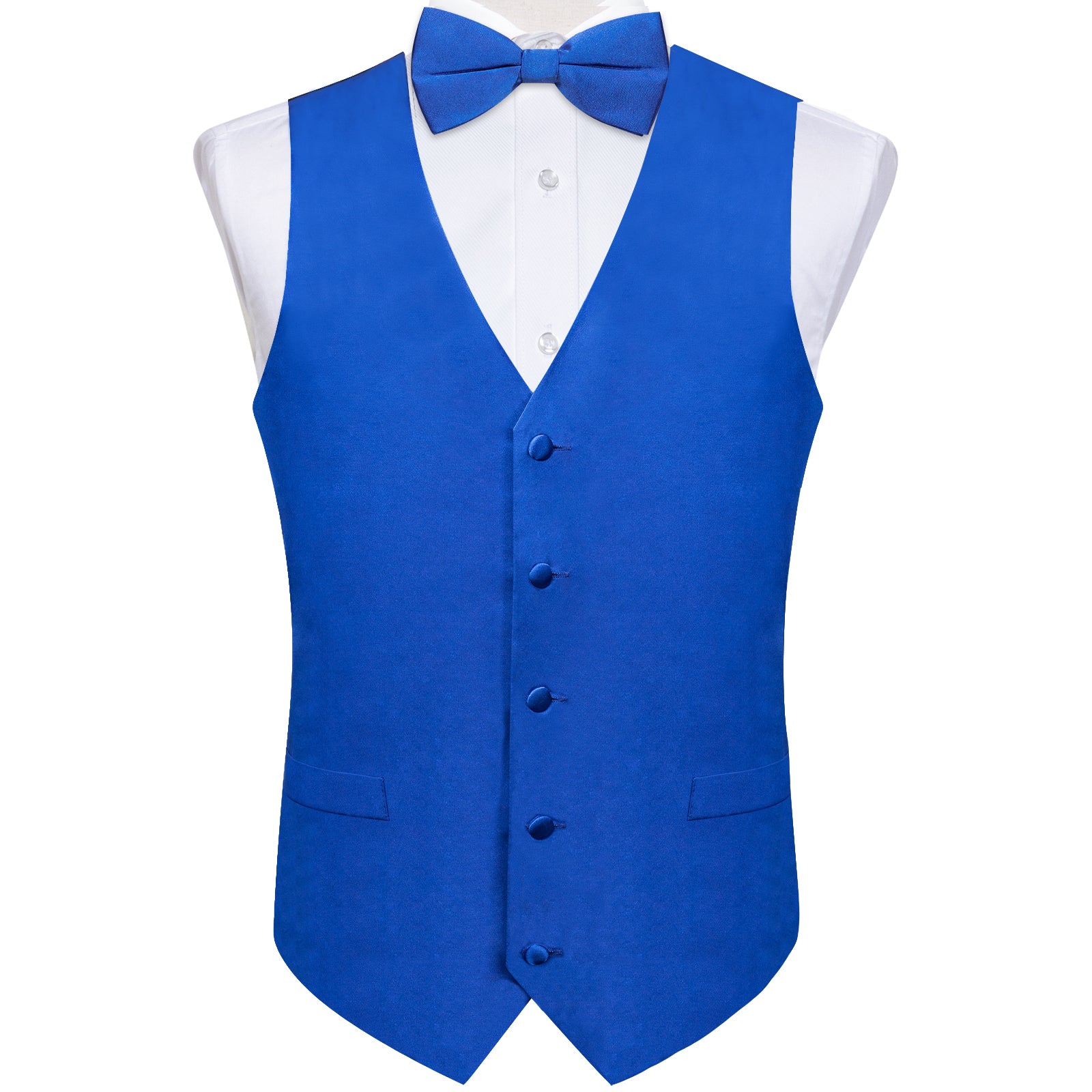 Blue Solid Jacquard V Neck Vest Neck Bow Tie Handkerchief Cufflinks Set