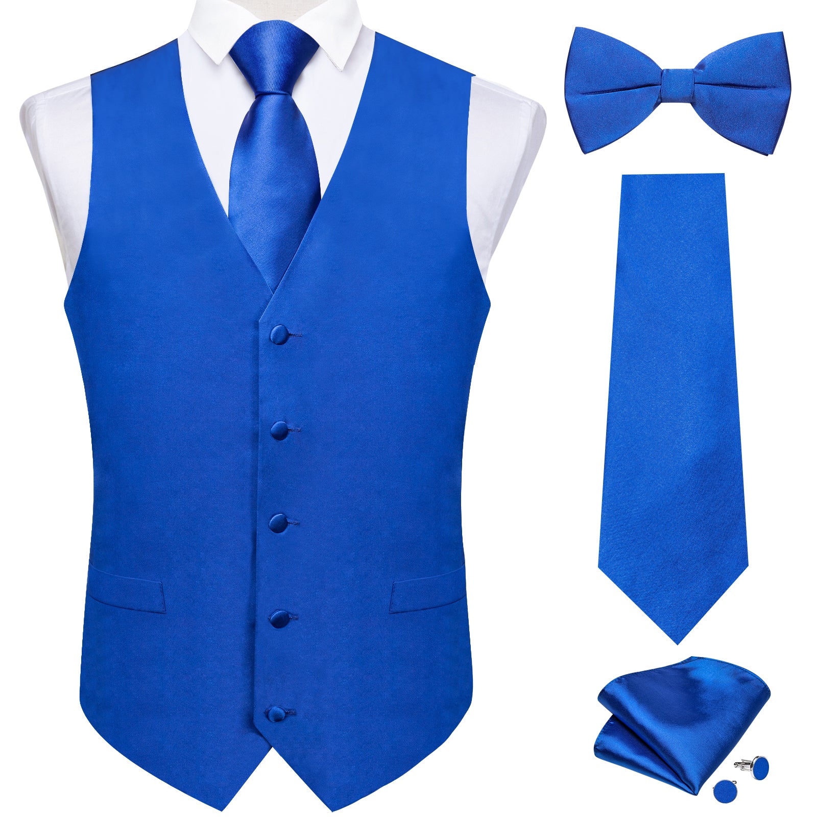 Blue Solid Jacquard V Neck Vest Neck Bow Tie Handkerchief Cufflinks Set