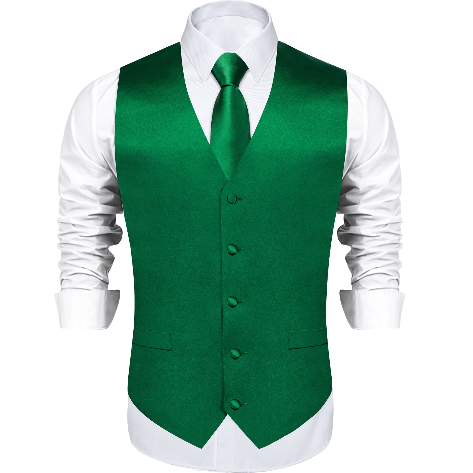 Green Solid V Neck Vest Neck Bow Tie Handkerchief Cufflinks Set
