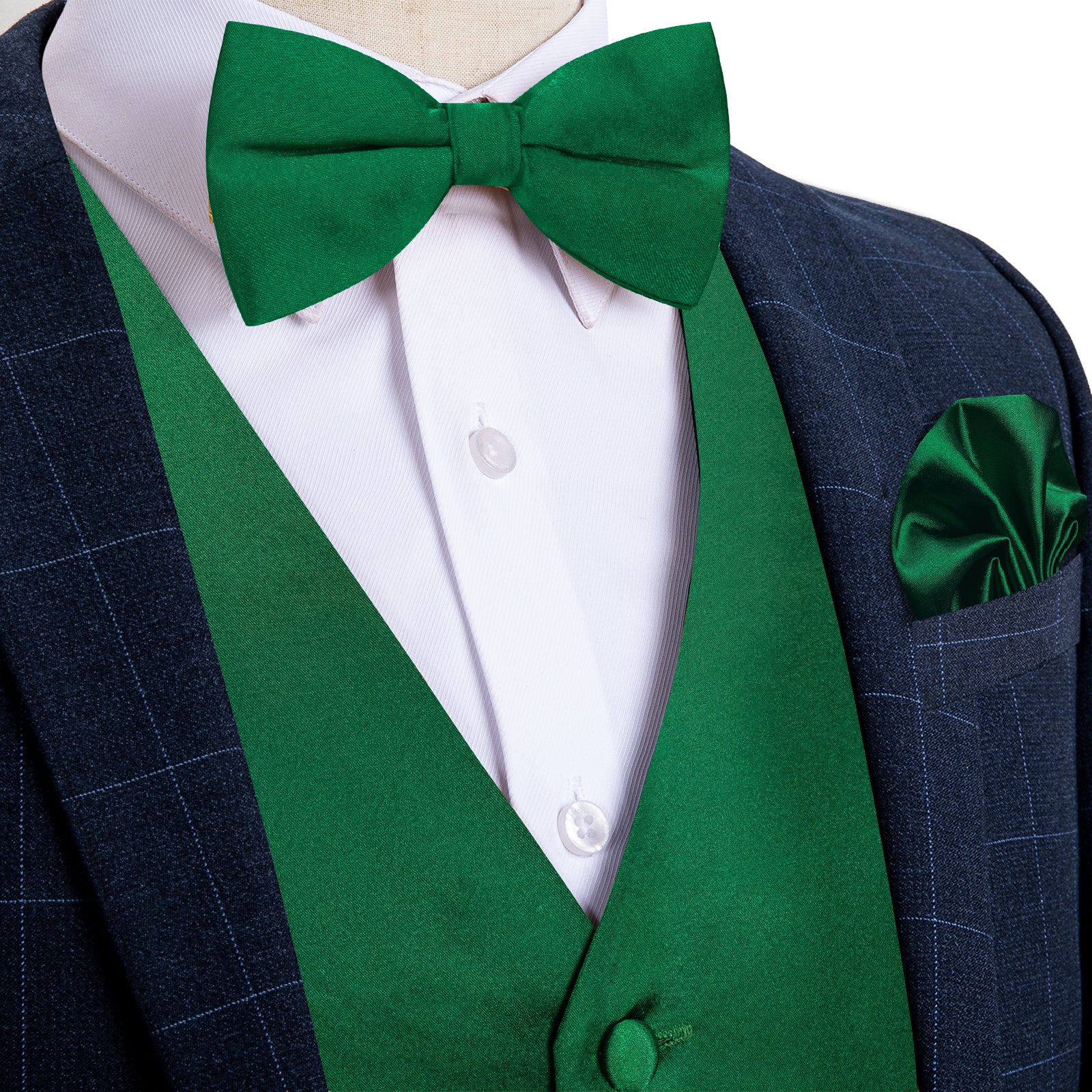 Green Solid V Neck Vest Neck Bow Tie Handkerchief Cufflinks Set