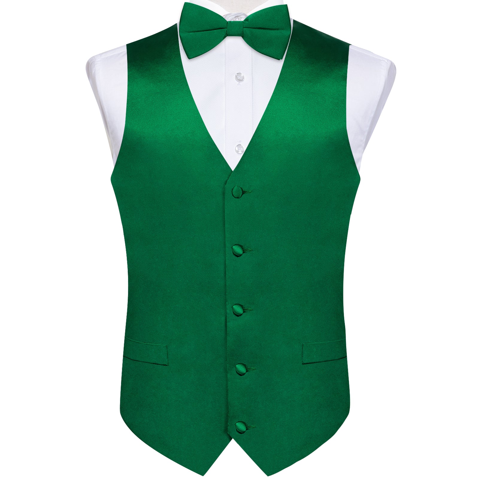 Green Solid V Neck Vest Neck Bow Tie Handkerchief Cufflinks Set