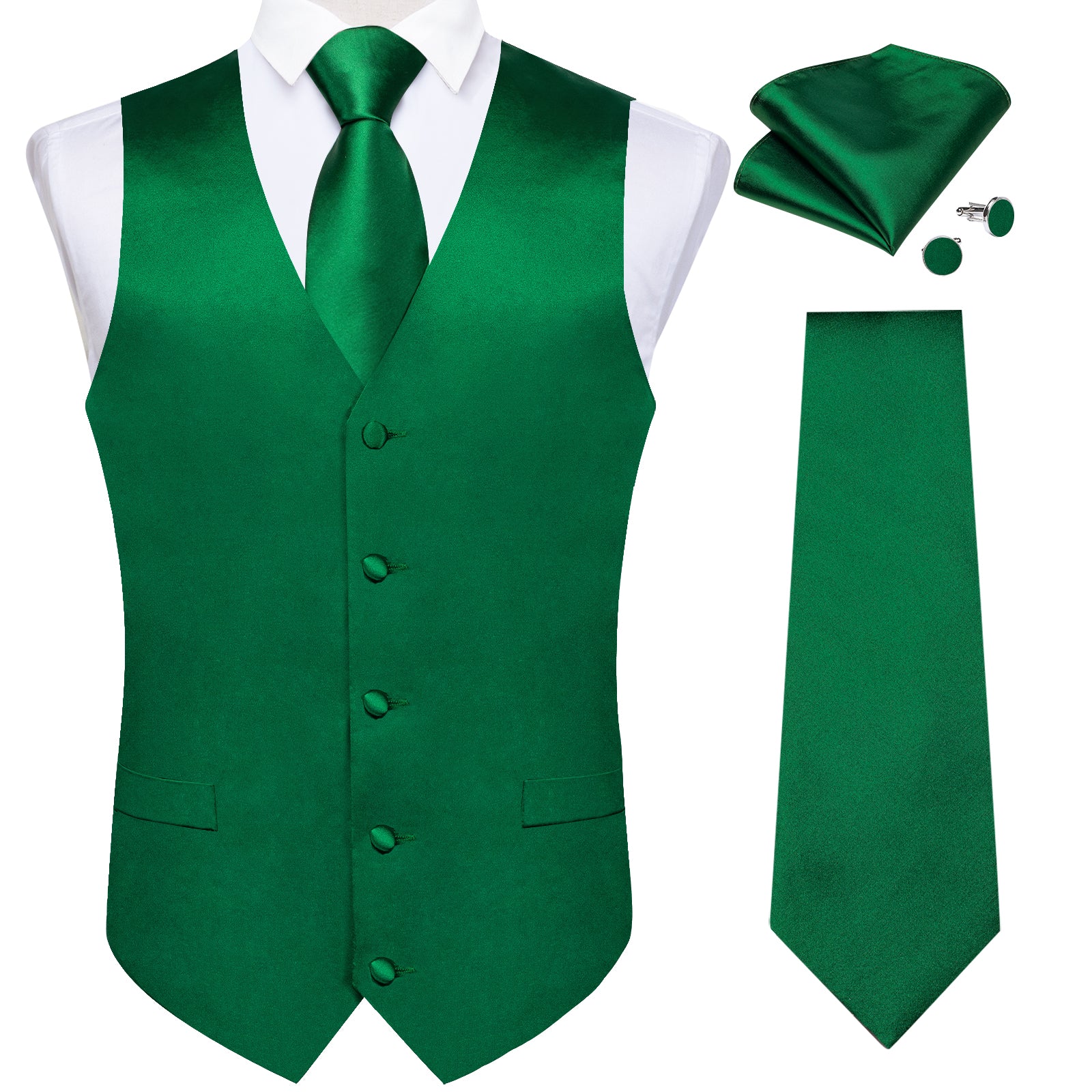 Green Solid V Neck Vest Neck Bow Tie Handkerchief Cufflinks Set
