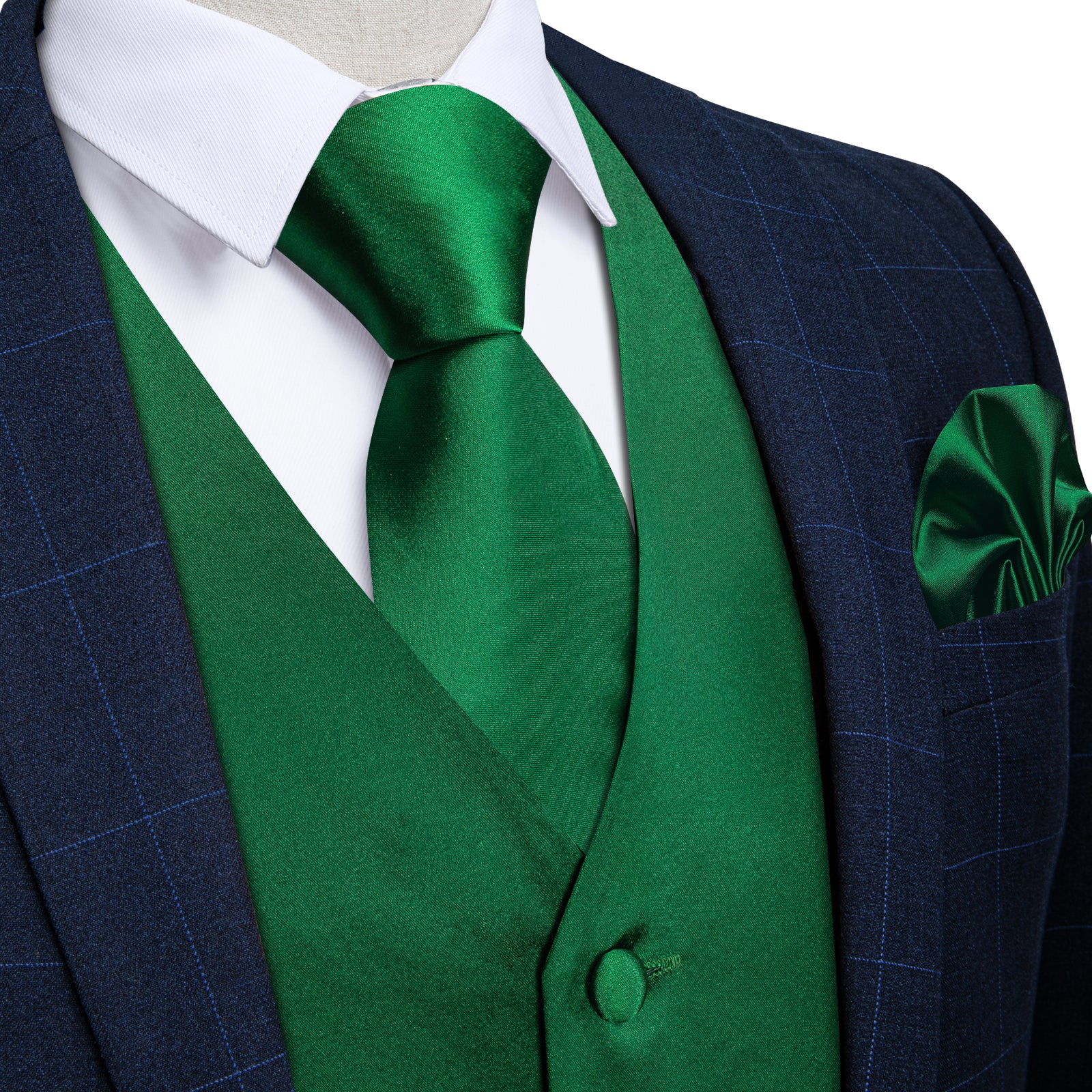 Green Solid V Neck Vest Neck Bow Tie Handkerchief Cufflinks Set