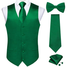 Green Solid V Neck Vest Neck Bow Tie Handkerchief Cufflinks Set