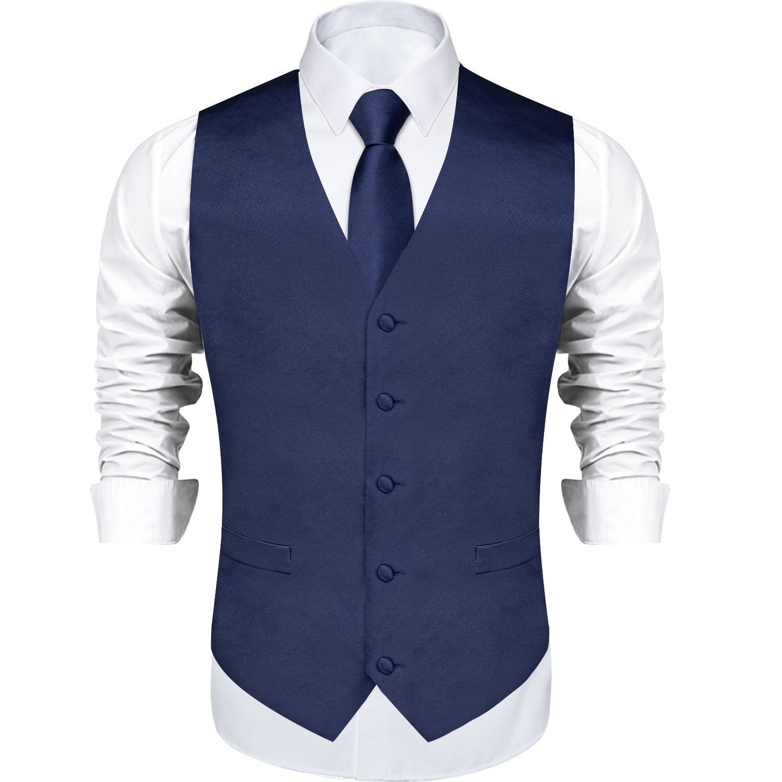Blue Solid V Neck Vest Neck Bow Tie Handkerchief Cufflinks Set