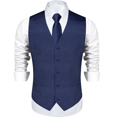 Dark Blue Solid Satin Waistcoat Vest Tie Handkerchief Cufflinks Set
