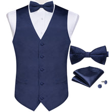 Blue Solid V Neck Vest Neck Bow Tie Handkerchief Cufflinks Set