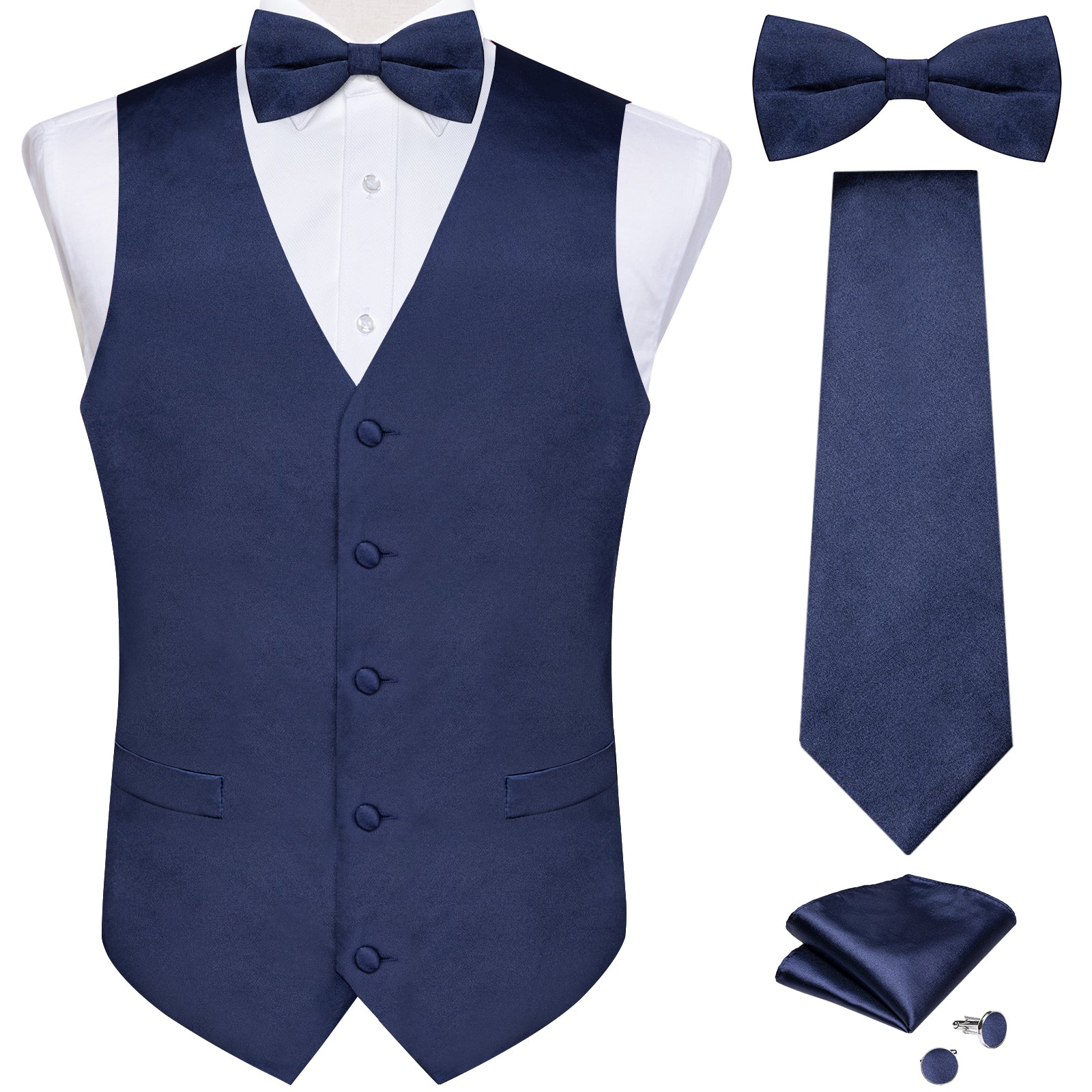 Blue Solid V Neck Vest Neck Bow Tie Handkerchief Cufflinks Set