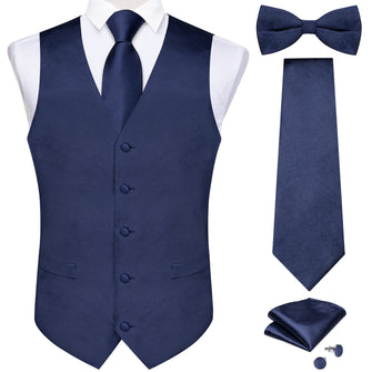 Blue Solid V Neck Vest Neck Bow Tie Handkerchief Cufflinks Set