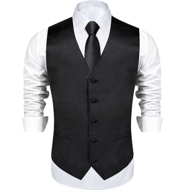 Black Solid V Neck Vest Neck Bow Tie Handkerchief Cufflinks Set
