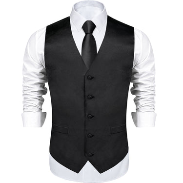 Black Solid Satin Waistcoat Vest Tie Handkerchief Cufflinks Set