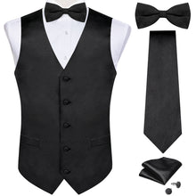 Black Solid V Neck Vest Neck Bow Tie Handkerchief Cufflinks Set