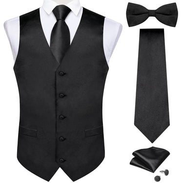 Black Solid V Neck Vest Neck Bow Tie Handkerchief Cufflinks Set