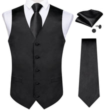 Black Solid Satin Waistcoat Vest Tie Handkerchief Cufflinks Set