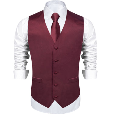 Claret Solid Jacquard V Neck Vest Neck Bow Tie Handkerchief Cufflinks Set