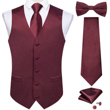 Claret Solid Jacquard V Neck Vest Neck Bow Tie Handkerchief Cufflinks Set