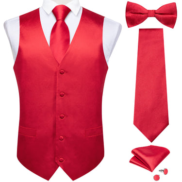 Red Solid Jacquard V Neck Vest Neck Bow Tie Handkerchief Cufflinks Set