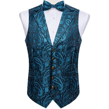 Blue Paisley Jacquard Waistcoat Vest BowTie Handkerchief Cufflinks Set