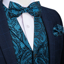 Blue Paisley Jacquard Waistcoat Vest BowTie Handkerchief Cufflinks Set