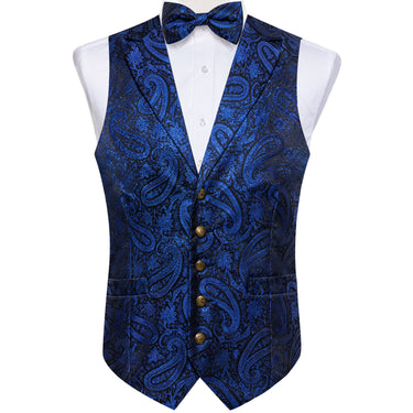 Dark Blue Paisley Jacquard Waistcoat Vest BowTie Pocket Square Cufflinks Set