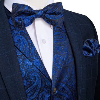 Dark Blue Paisley Jacquard Waistcoat Vest BowTie Pocket Square Cufflinks Set