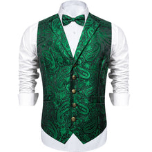 Green Paisley Jacquard Waistcoat Vest BowTie Handkerchief Cufflinks Set