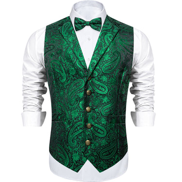 Green Paisley Jacquard Waistcoat Vest BowTie Handkerchief Cufflinks Set