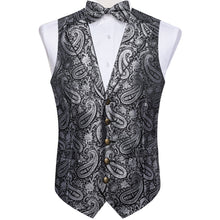 Black Silver Paisley Jacquard Waistcoat Vest BowTie Handkerchief Cufflinks Set
