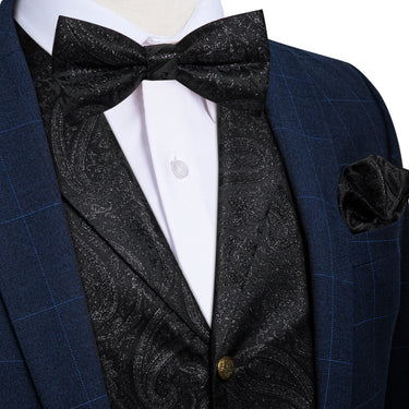 Black Paisley Jacquard Waistcoat Vest BowTie Handkerchief Cufflinks Set