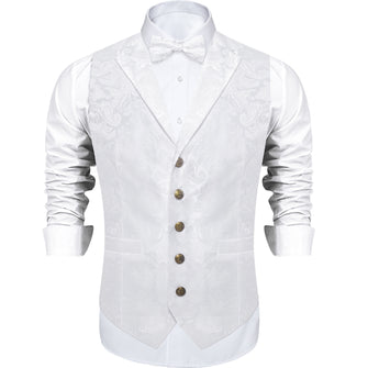 White Paisley Jacquard Waistcoat Vest BowTie Handkerchief Cufflinks Set