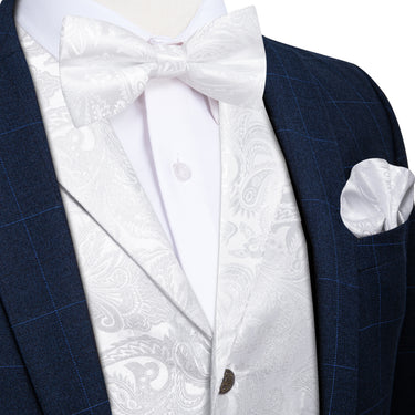 White Paisley Jacquard Waistcoat Vest BowTie Handkerchief Cufflinks Set