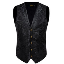 Black Floral Jacquard Waistcoat Vest BowTie Handkerchief Cufflinks Set