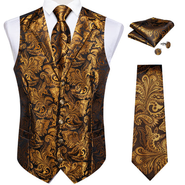 Golden Floral Jacquard V Neck Waistcoat Vest Tie Handkerchief Cufflinks Set