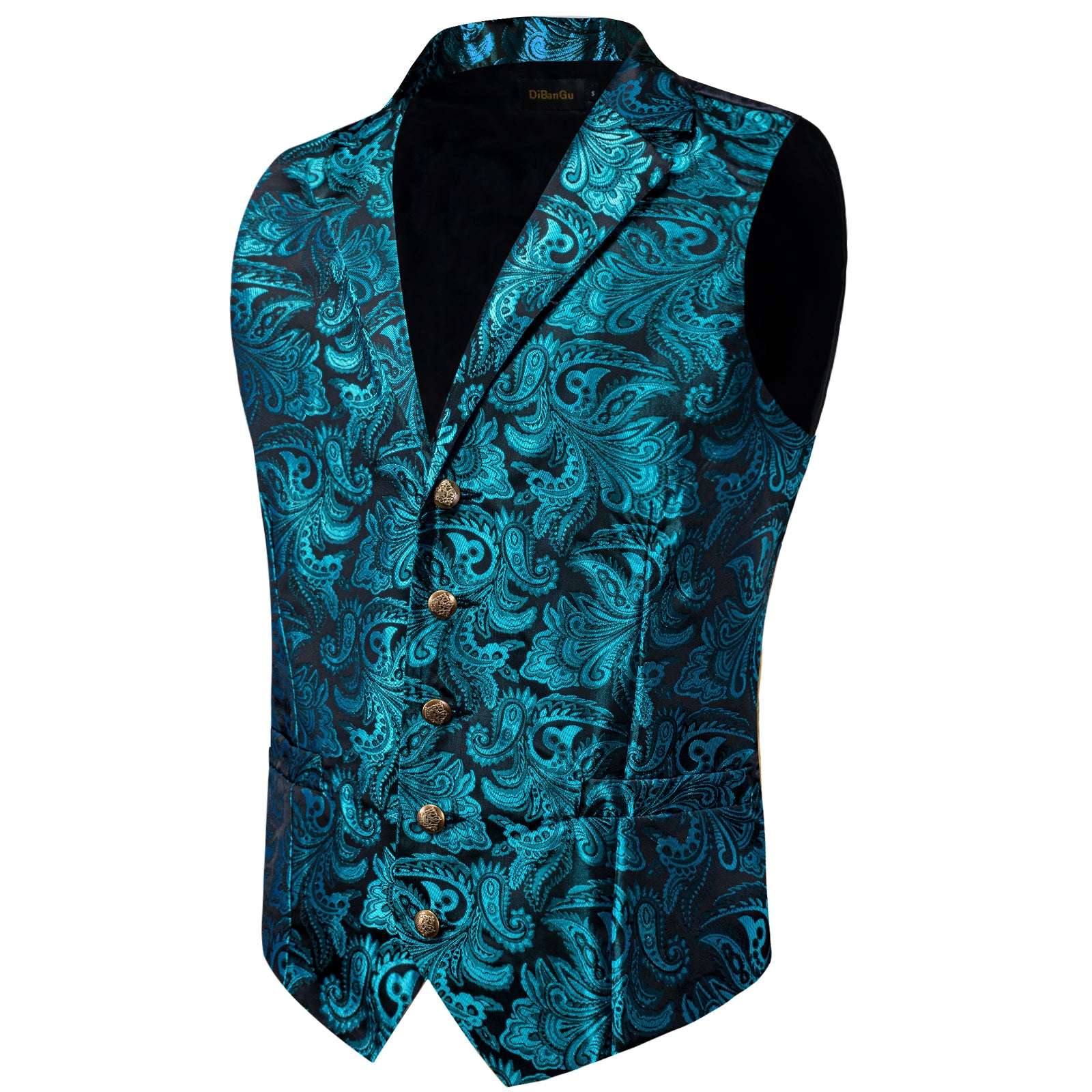 Teal Floral Jacquard V Neck Vest Neck Bow Tie Handkerchief Cufflinks Set