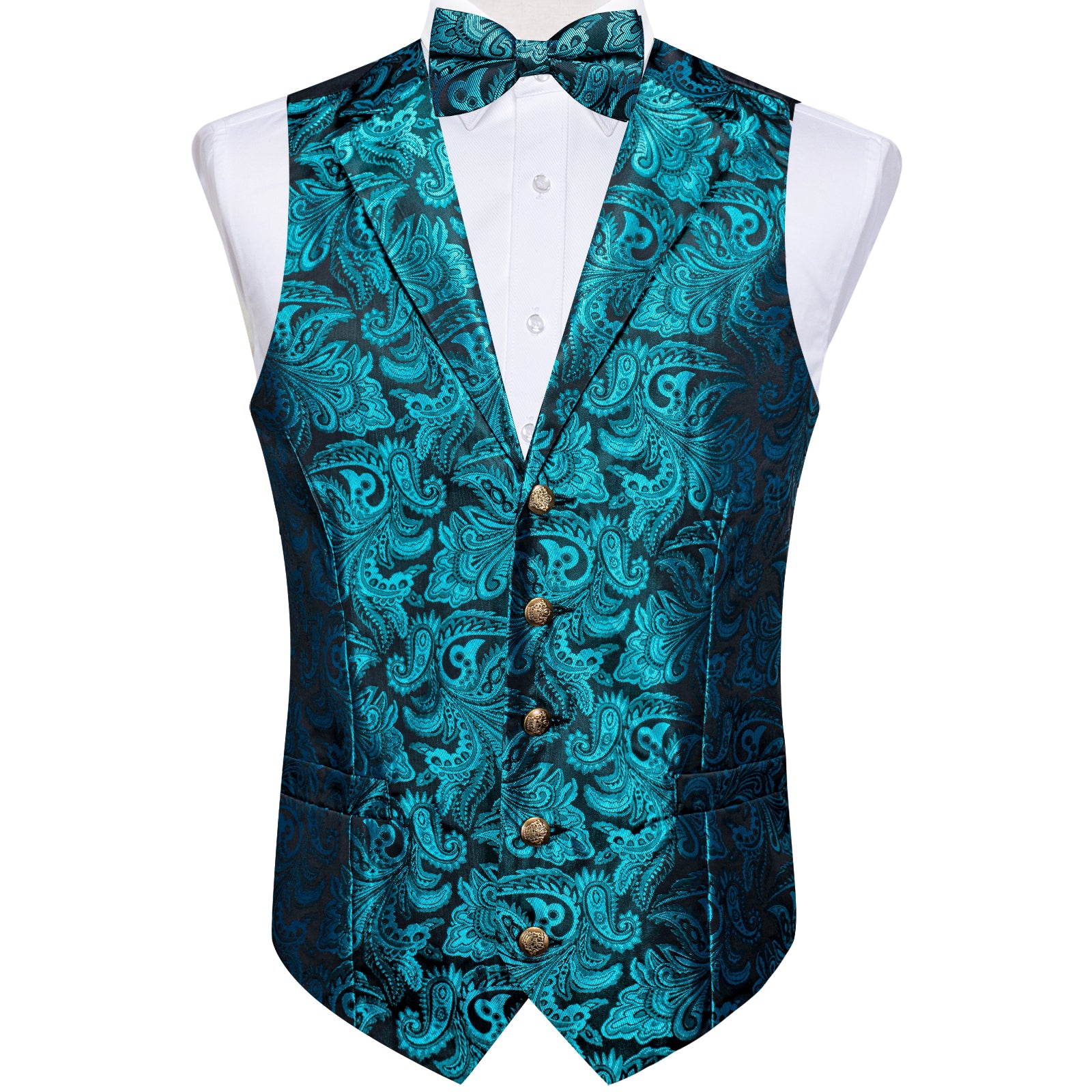 Teal Floral Jacquard V Neck Vest Neck Bow Tie Handkerchief Cufflinks Set