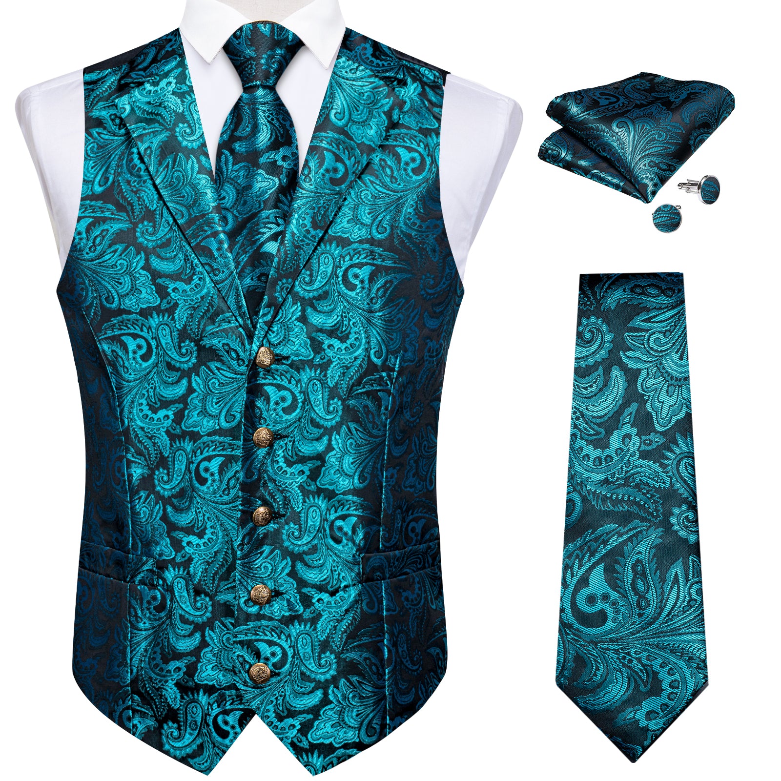fashion teal color floral mens brocade vest tie pocket square cufflinks set for dress suit and tuxedo shirt