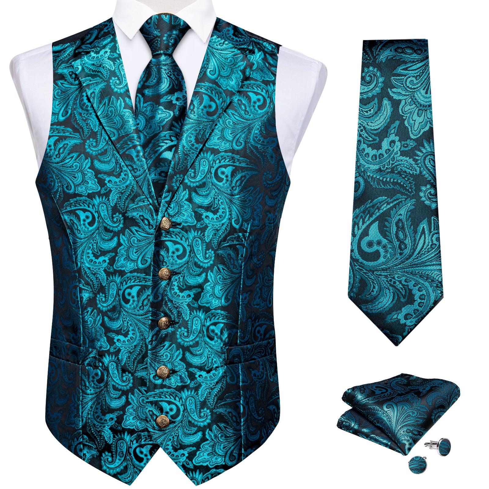 fashion teal color floral mens brocade vest tie pocket square cufflinks set for dress suit and tuxedo shirt