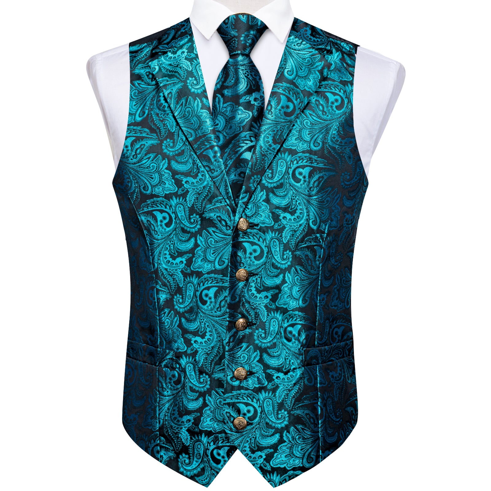fashion teal color floral mens brocade vest tie pocket square cufflinks set for dress suit and tuxedo shirt