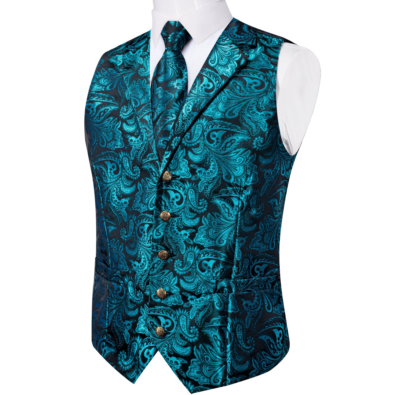 fashion teal color floral mens brocade vest tie pocket square cufflinks set for dress suit and tuxedo shirt