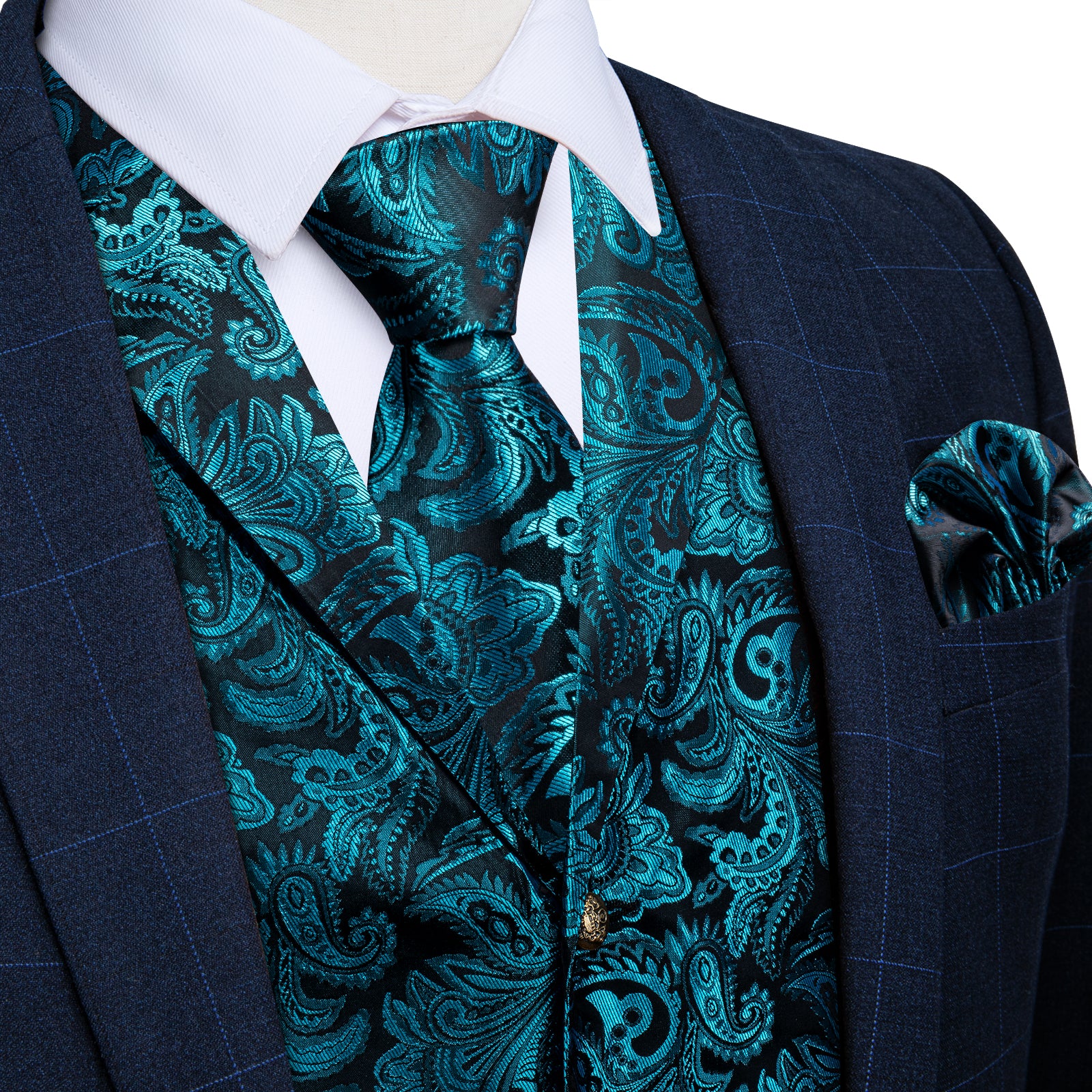 fashion teal color floral mens brocade vest tie pocket square cufflinks set for dress suit and tuxedo shirt