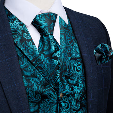 fashion teal color floral mens brocade vest tie pocket square cufflinks set for dress suit and tuxedo shirt
