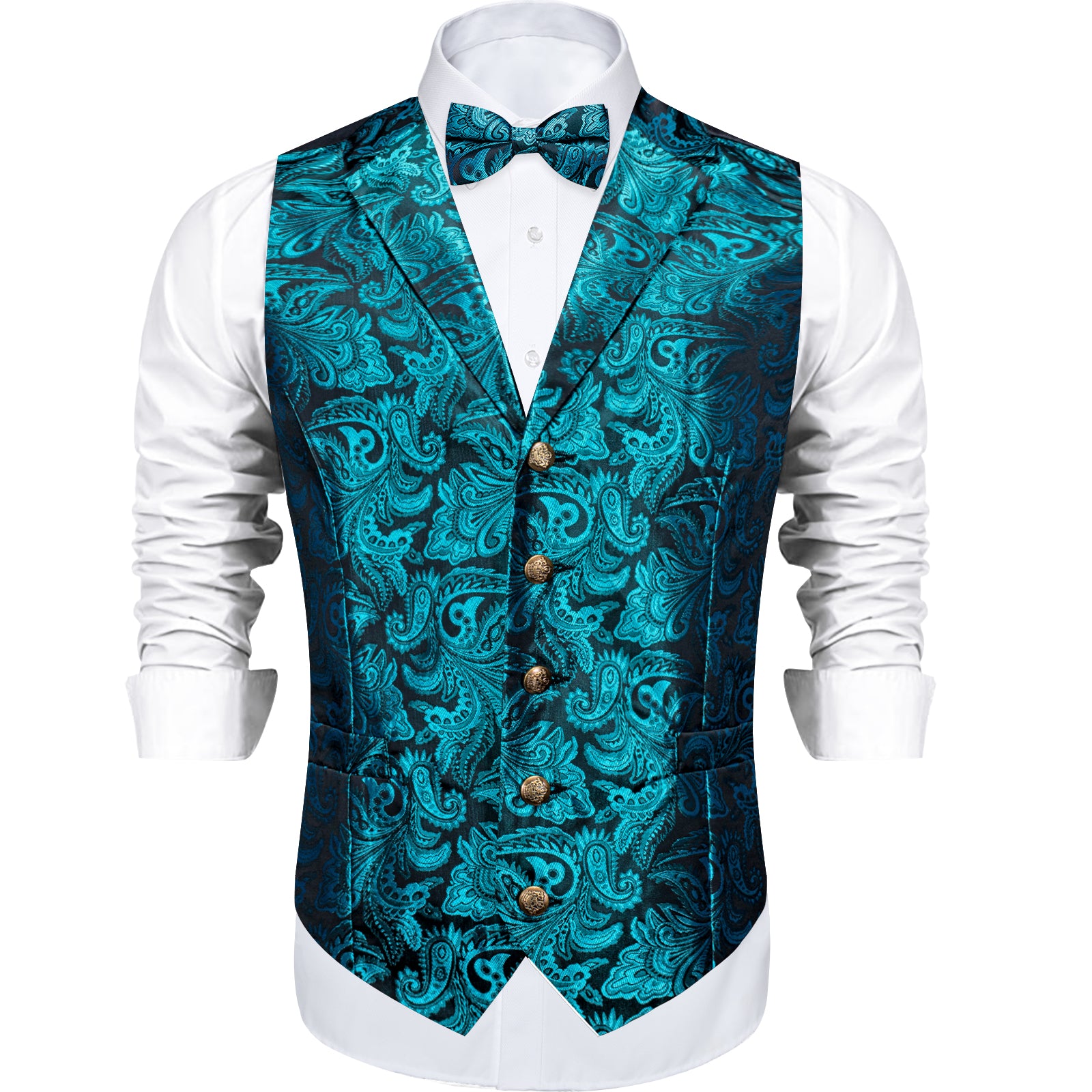 Teal Floral Jacquard V Neck Vest Neck Bow Tie Handkerchief Cufflinks Set