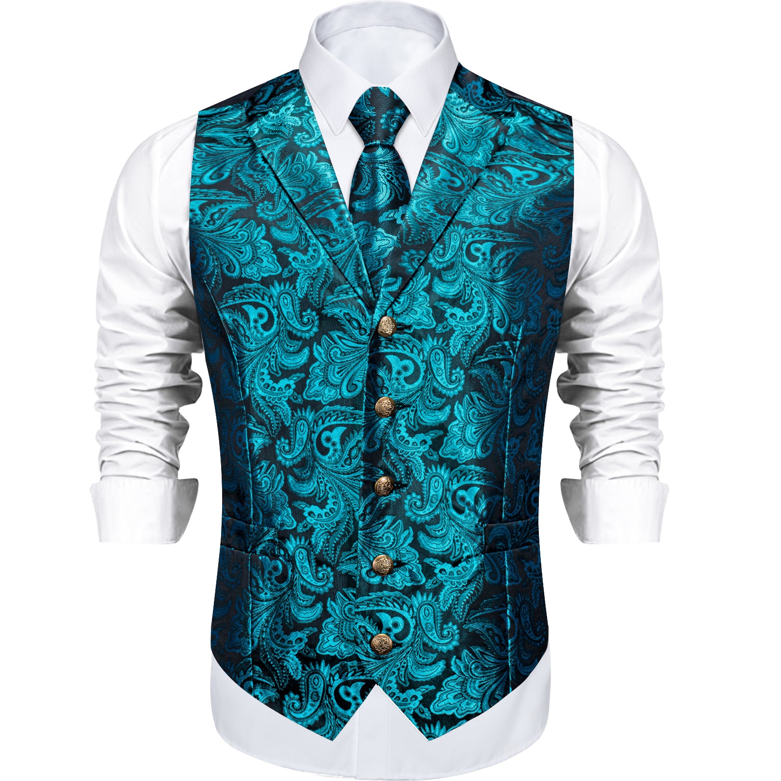 fashion teal color floral mens brocade vest tie pocket square cufflinks set for dress suit and tuxedo shirt