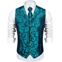 Teal Floral Jacquard V Neck Waistcoat Vest Necktie Handkerchief Cufflinks Set