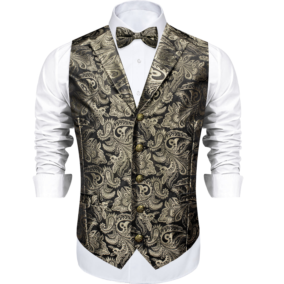 Green Floral Jacquard V Neck Vest Neck Bow Tie Handkerchief Cufflinks Set