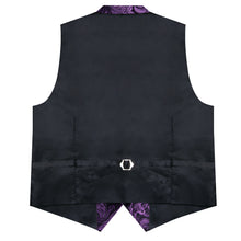 Purple Floral Jacquard V Neck Vest Neck Bow Tie Handkerchief Cufflinks Set