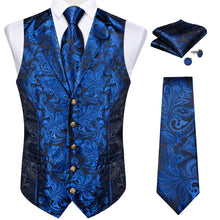 Blue Floral Jacquard V Neck Waistcoat Necktie Tie Handkerchief Cufflinks Set