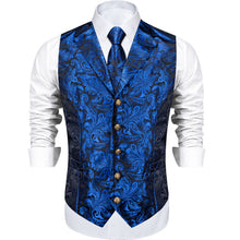Blue Floral Jacquard V Neck Waistcoat Necktie Tie Handkerchief Cufflinks Set