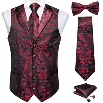 Red Floral Jacquard V Neck Vest Neck Bow Tie Handkerchief Cufflinks Set